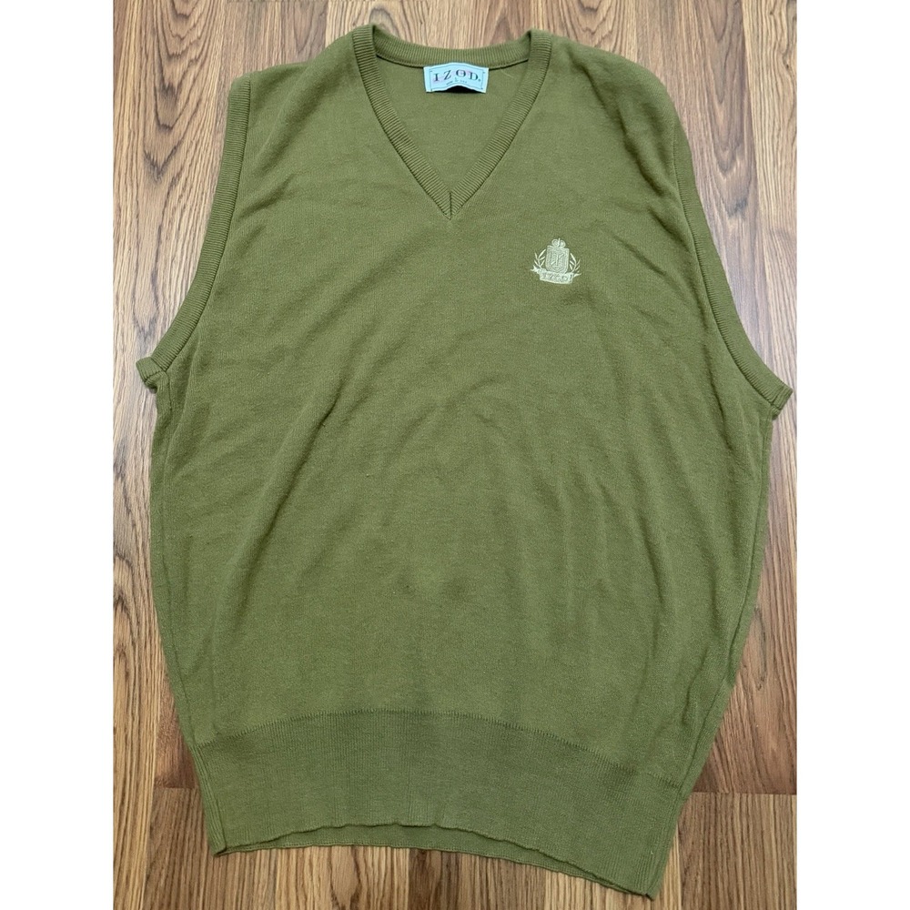 IZOD Vintage Sweater Vest Mens Large Olive V-Neck Crest Made in USA